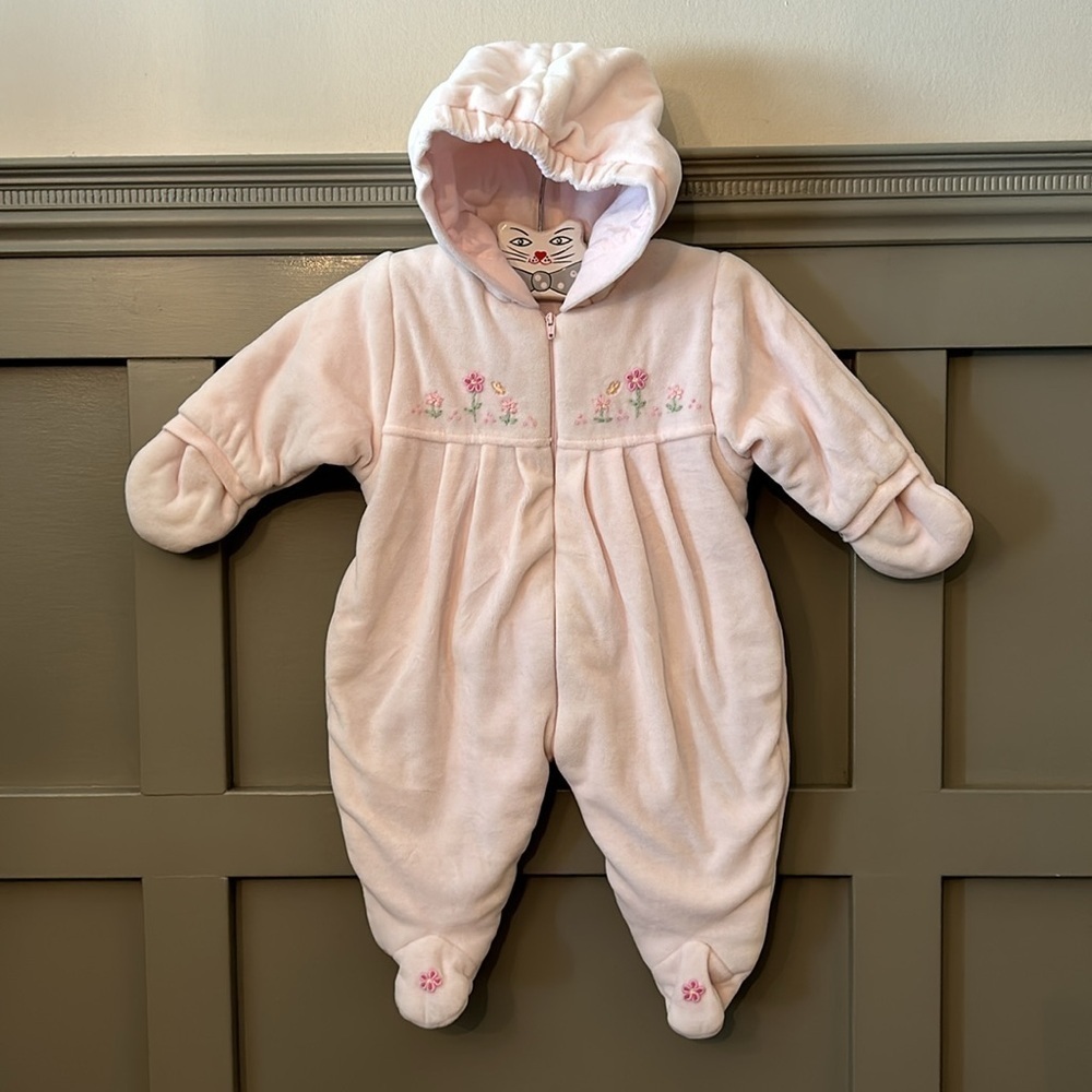 First Impressions Velour Snow Suit Hood Baby Pink Floral Embroidered 0-3 Months